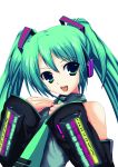  absurdres detached_sleeves green_eyes green_hair hands_on_chest hands_on_own_chest hatsune_miku headset highres long_hair necktie nekur simple_background solo twintails vocaloid 
