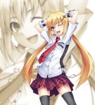  arms_behind_head arms_up blonde_hair chain chains cross detached_sleeves long_hair necktie original plaid skirt smile solo taiyou tartan thigh-highs thighhighs twintails wink zettai_ryouiki zipper zoom_layer 