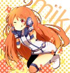  ahoge bad_id boots earmuffs gloves hands_on_earmuffs hands_on_headphones headphones highres kneehighs long_hair miki_(vocaloid) red_eyes red_hair redhead sf-a2_miki smile socks solo striped striped_kneehighs striped_legwear tapa tongue vocaloid wink 
