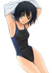  1girl amagami armpits arms_up black_eyes black_hair competition_swimsuit highres homunculus_(artist) nanasaki_ai one-piece_swimsuit short_hair smile solo swimsuit thigh_gap undressing 