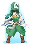  boots clift clift_(cosplay) cosplay detached_sleeves dragon_quest dragon_quest_iv frog gohei green_eyes green_hair hair_ornament hat kochiya_sanae long_hair nice snake solo touhou 