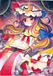  1girl bow colored_pencil_(medium) crescent glowing hair_bow hat light long_hair magic millipen_(medium) mosho open_book patchouli_knowledge red_eyes touhou traditional_media watercolor_(medium) 
