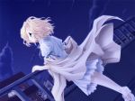  animal_ears blanket blonde_hair blue_eyes cityscape clouds looking_up night_sky nighttime pure_pure railing ribbon roof sachi white_dress 
