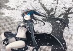  bikini_top black_hair black_rock_shooter black_rock_shooter_(character) blue_eyes checkered cherry_blossoms cloverpeia front-tie_top glowing glowing_eyes jacket long_hair midriff pale_skin short_shorts shorts smile star 