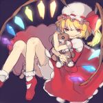  1girl blonde_hair bobby_socks flandre_scarlet fts_ikeda hat hat_ribbon holding no_nose purple_background red_shoes ribbon shoes simple_background skirt skirt_set smirk socks solo stuffed_animal stuffed_toy teddy_bear touhou white_legwear wings 