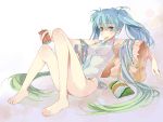  armpits bad_id bare_legs barefoot blue_hair bottomless can chips feet gradient_hair hatsune_miku long_hair mouth_hold multicolored_hair necktie no_panties pillow platinumcorundum sitting twintails very_long_hair vocaloid 