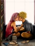   blonde_hair blush book bookshelf boy closed_eyes female girl haruno_sakura kiss library male naruto pink_hair sitting uzumaki_naruto young  