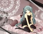  aqua_hair bed chemise hair_ribbon hatsune_miku highres koruneiyu long_hair pillow ribbon romeo_and_cinderella_(vocaloid) romeo_to_cinderella_(vocaloid) sitting stuffed_animal stuffed_toy thigh-highs thighhighs twintails very_long_hair vocaloid wariza 