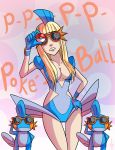  1girl bangs blonde_hair breasts cleavage glasses hime_cut lady_gaga long_hair mudkip poke_ball poke_ball_(generic) pokemon pokemon_(creature) sunglasses what 