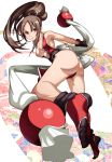  brown_eyes brown_hair fatal_fury feet fingerless_gloves foreshortening gloves highres king_of_fighters legs long_hair looking_back ponytail pov_feet shiranui_mai snk socks solo tabigarasu 