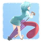  between_legs blue_eyes blue_hair closed_umbrella fading_borders karakasa karakasa_obake looking_back razy razy_(skuroko) sandals short_hair solo tatara_kogasa tongue touhou umbrella 