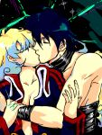    blue_hair couple closed_eyes hug jewelry kiss multicolored_hair nia_teppelin open_clothes open_jacket ring shirtless simon tegaki tengen_toppa_gurren_lagann two-tone_hair   