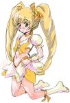  1girl blonde_hair bow cure_sunshine demag dress futari_wa_pretty_cure heartcatch_precure! magical_girl midriff myoudouin_itsuki navel precure solo twintails white_background yellow_dress yellow_eyes 