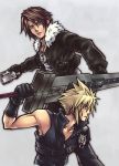  blonde_hair blue_eyes brown_hair cloud_strife final_fantasy final_fantasy_vii final_fantasy_vii_advent_children final_fantasy_viii male multiple_boys scar spiked_hair spiky_hair squall_leonhart sword weapon yu_(uza) 