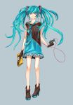  ankle_boots aqua_eyes aqua_hair bad_id bag boots digital_media_player dress earbuds earphones gloves hatsune_miku high_heels highres ipod long_hair necktie nuh purse shoes simple_background solo twintails vocaloid zipper 