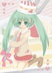  boots cake detached_sleeves food food_themed_clothes fork fruit green_hair hat hatsune_miku kneeling long_hair necktie pastry skirt sora_yuu strawberry twintails vocaloid 