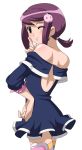  bare_shoulders battle_spirits battle_spirits:_shounen_gekiha_dan battle_spirits_shonen_gekiha_dan brown_eyes from_behind hair_ornament hairclip hand_on_hip ikumi_tan looking_back makino_tomoyasu pointing purple_hair simple_background smile solo thigh-highs thighhighs viole_mai wink 