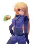  bad_id belt blue_eyes bodysuit falcon-samus_(artist) gloves hair_over_one_eye long_hair metroid metroid_(creature) nintendo ran_komomo samus_aran smile 