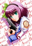  angel_beats! bow colt green_eyes gun hair_bow hairband m1911 purple_hair s-now school_uniform serafuku short_hair smile solo weapon yuri_(angel_beats!) 