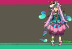  1girl :&lt; absurdres artist_name bell full_body hata_no_kokoro highres hitodama jingle_bell knifedragon long_hair mask no_nose pink_hair plaid polka_dot simple_background skirt solo standing touhou wallpaper wink 