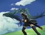  bad_id cloud clouds detached_sleeves from_behind grass hatsune_miku katana long_hair sama skirt sky sword thigh-highs thighhighs twintails very_long_hair vocaloid weapon 