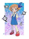  1girl arms_behind_back bangs blue_dress blue_eyes border brown_hair commentary_request dress eyelashes full_body highres i_g1ax molly_hale neckerchief open_mouth outline pokemon pokemon_(anime) pokemon_(classic_anime) pokemon_(creature) pokemon_m03 red_footwear shirt shoes short_sleeves smile solo standing thigh-highs tongue twitter_username unown white_border white_legwear white_shirt 