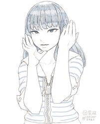  1girl bangs blunt_bangs catcar0983 fish hands hands_up highres long_hair monochrome original parted_lips sketch sleeve_cuffs solo striped upper_body zipper 