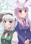  2girls animal_ears artist_name bangs blue_eyes blue_jacket blush bow bowtie breasts closed_mouth collar collared_shirt crescent eyebrows_visible_through_hair gradient gradient_hair green_vest grey_background grey_bow grey_bowtie grey_hair grey_hairband hairband highres jacket konpaku_youmu long_hair long_sleeves looking_at_viewer medium_breasts multicolored_hair multiple_girls necktie open_mouth pink_skirt puffy_short_sleeves puffy_sleeves purple_hair rabbit_ears red_eyes red_necktie reisen_udongein_inaba rital shirt short_hair short_sleeves signature silver_hair skirt smile standing touhou upper_body vest white_shirt 