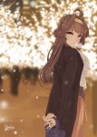  1girl ahoge alakoala alternate_costume bag bangs black_coat blurry blurry_background breath brown_hair brown_shirt christmas_lights coat dated double_bun eyebrows_visible_through_hair hair_bun hairband handbag highres jewelry kantai_collection kongou_(kancolle) long_hair long_skirt looking_at_viewer night outdoors ring scarf shirt signature skirt smile snow snowing standing violet_eyes visible_air wedding_ring white_scarf 