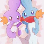  :d alternate_color brown_eyes commentary_request from_above happy highres looking_at_viewer lying mudkip no_humans on_back open_mouth pokemon pokemon_(creature) shiny_and_normal shiny_pokemon smile tongue umekobushi 