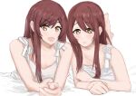  2girls bare_shoulders blush breasts brown_eyes brown_hair choker cleavage dress eyebrows_visible_through_hair hair_between_eyes idolmaster idolmaster_shiny_colors interlocked_fingers long_hair looking_at_viewer medium_breasts multiple_girls nasu_daq oosaki_amana oosaki_tenka parted_lips petals siblings sisters smile thighs twins white_dress wrist_cuffs yellow_eyes 