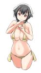  1girl bandana bikini black_hair breasts cropped_legs gold_bikini hair_flaps hair_ornament hairclip jingei_(kancolle) kantai_collection large_breasts long_hair looking_at_viewer low_ponytail red_eyes side-tie_bikini simple_background smile solo swimsuit tamu_(mad_works) white_background 