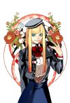  1girl bangs blonde_hair blue_eyes blue_flower blunt_bangs bow chinese_commentary fate_(series) flower hat highres long_hair lord_el-melloi_ii_case_files pink_flower red_bow red_flower reines_el-melloi_archisorte smile solo straight_hair tilted_headwear whaaa000 white_flower 