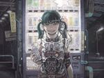  1girl backlighting bangs belt blunt_bangs bottle catcar0983 cyborg fangs glowing glowing_eyes green_eyes green_hair grin holding holding_bottle lamppost looking_at_viewer mechanical_parts night original outdoors science_fiction smile solo twintails vending_machine 