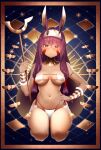  1girl animal_ears armlet bikini border bracer dark_skin earrings eyepatch_bikini facial_mark fate/grand_order fate_(series) full_body hair_between_eyes hairband hand_on_hip highleg highleg_bikini highres hoop_earrings jewelry long_hair nitocris_(fate) purple_hair seiza side-tie_bikini sidelocks sitting skindentation solo staff string_bikini swimsuit very_long_hair violet_eyes white_bikini zasshu 