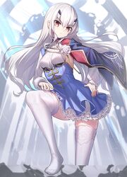  1girl backlighting bangs blue_cape blue_dress blurry blurry_background blush breasts brown_eyes cape dress eyebrows_visible_through_hair fairy_knight_lancelot_(fate) fate/grand_order fate_(series) flower frilled_dress frills hair_between_eyes hand_on_hip highres lace-trimmed_legwear lace_trim long_hair long_sleeves looking_at_viewer no_shoes ririko_(zhuoyandesailaer) sideboob sidelocks skindentation small_breasts soles solo standing thigh-highs very_long_hair white_flower white_hair white_legwear 