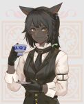  1girl absurdres animal_ears aoshiseven avatar_(ffxiv) black_gloves black_hair black_vest bow braid buttons cat_ears cat_girl closed_mouth commission cup dark-skinned_female dark_skin earrings facial_mark fangs fangs_out final_fantasy final_fantasy_xiv formal gloves green_eyes hair_bow hand_up highres holding holding_cup holding_saucer jewelry long_sleeves looking_at_viewer messy miqo&#039;te saucer shirt side_braid smile solo teacup upper_body vest whisker_markings white_shirt 