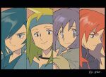  4boys blonde_hair blue_eyes blue_hair blue_headwear blue_jacket blue_kimono bugsy_(pokemon) closed_mouth commentary_request falkner_(pokemon) frown green_shirt hair_over_one_eye headband i_g1ax jacket japanese_clothes kimono letterboxed long_hair male_focus morty_(pokemon) multiple_boys orange_hair pokemon pokemon_(game) pokemon_gsc purple_hair shirt short_hair short_sleeves silver_(pokemon) smile twitter_username violet_eyes 