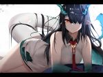 1girl absurdres arknights black_hair breasts dress dusk_(arknights) fukuro_eito hair_over_one_eye highres horns large_breasts letterboxed long_hair lying necktie pointy_ears red_eyes tail white_dress 