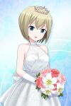  1girl alternative_girls blonde_hair blue_background blue_eyes bouquet crown_hair_ornament dress eyebrows_visible_through_hair gloves highres looking_at_viewer official_art open_mouth short_hair sleeveless sleeveless_dress smile solo sylvia_richter wedding_dress white_dress white_gloves 