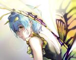  1girl antennae aqua_hair black_cola butterfly_wings closed_mouth dress eternity_larva eyebrows_visible_through_hair fairy gradient gradient_background hair_between_eyes leaf leaf_on_head looking_back multicolored_clothes multicolored_dress short_hair single_strap solo touhou upper_body wings yellow_eyes 