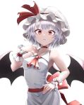  1girl :&lt; armpit_peek ascot bat_wings blue_hair bow choker collarbone collared_dress doro9363 dress hand_on_hip hat hat_ribbon looking_at_viewer mob_cap red_ascot red_bow red_eyes red_neckwear red_ribbon red_sash remilia_scarlet ribbon sash short_hair simple_background sleeveless sleeveless_dress solo touhou white_background white_dress white_headwear wings wrist_cuffs 