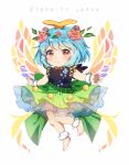  1girl antennae aqua_hair barefoot blush butterfly_wings caramell0501 character_name closed_mouth dress eternity_larva eyebrows_visible_through_hair fairy full_body green_dress leaf leaf_on_head multicolored_clothes multicolored_dress orange_eyes short_hair simple_background single_strap smile solo touhou white_background wings 