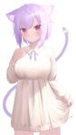  1girl absurdres ahoge animal_ear_fluff animal_ears bangs blush bow cat_ears cat_girl cat_tail dress eyebrows_visible_through_hair highres hololive looking_at_viewer nanome_to nekomata_okayu open_mouth purple_hair ribbon short_hair simple_background smile solo tail tail_bow tail_ornament violet_eyes virtual_youtuber white_background white_dress 