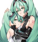  2girls :3 aqua_eyes aqua_hair aqua_nails aqua_necktie bangs bare_shoulders blurry closed_mouth depth_of_field detached_sleeves dual_persona eyelashes flat_chest green_eyes green_hair hand_on_another&#039;s_chest hand_on_another&#039;s_face hand_on_another&#039;s_head hands_up hatsune_miku headset hug layered_sleeves long_hair looking_at_viewer multiple_girls necktie parted_lips ring_hair_ornament see-through_sleeves simple_background smile twintails upper_body vocaloid white_background yukihira_makoto 