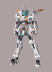  blue_eyes brown_background clenched_hands code_beast highres hundred_edge kuramochi_kyouryuu looking_ahead mecha no_humans official_art science_fiction solo standing v-fin 