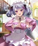  1girl alternate_costume aoi_hinamori_(vtuber) apron breasts cafe donggua_bing_cha dress enmaided facial_mark grey_hair hair_ornament heart heart-shaped_boob_challenge heart_hands highres indie_virtual_youtuber indoors large_breasts light_bulb long_hair long_sleeves looking_at_viewer maid maid_apron maid_headdress mole mole_on_breast open_mouth pink_dress smile solo violet_eyes virtual_youtuber x_hair_ornament 