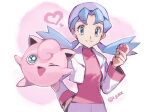  1girl blue_hair commentary_request cropped_jacket eyelashes green_eyes grey_headwear hand_on_hip hand_up hat heart holding holding_poke_ball i_g1ax jacket jigglypuff kris_(pokemon) long_hair long_sleeves parted_lips pink_shirt poke_ball poke_ball_(basic) pokemon pokemon_(creature) pokemon_(game) pokemon_gsc shirt smile twintails twitter_username white_jacket 