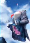 1girl absurdres animahakim artist_name blurry blush boku_no_hero_academia clouds commentary_request depth_of_field frilled_skirt frills from_below hagakure_tooru heart highres invisible lifted_by_self long_sleeves off_shoulder school_uniform skirt sky solo 