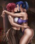  2girls arcane:_league_of_legends bandaid bandaid_on_arm blue_hair blurry blurry_background bra breasts caitlyn_(league_of_legends) closed_eyes dandon_fuga highres horizontal_stripes kiss league_of_legends multiple_girls muscular muscular_female navel panties pants pink_hair plant ponytail short_hair stomach striped striped_pants thigh-highs toned underwear vi_(league_of_legends) yuri 